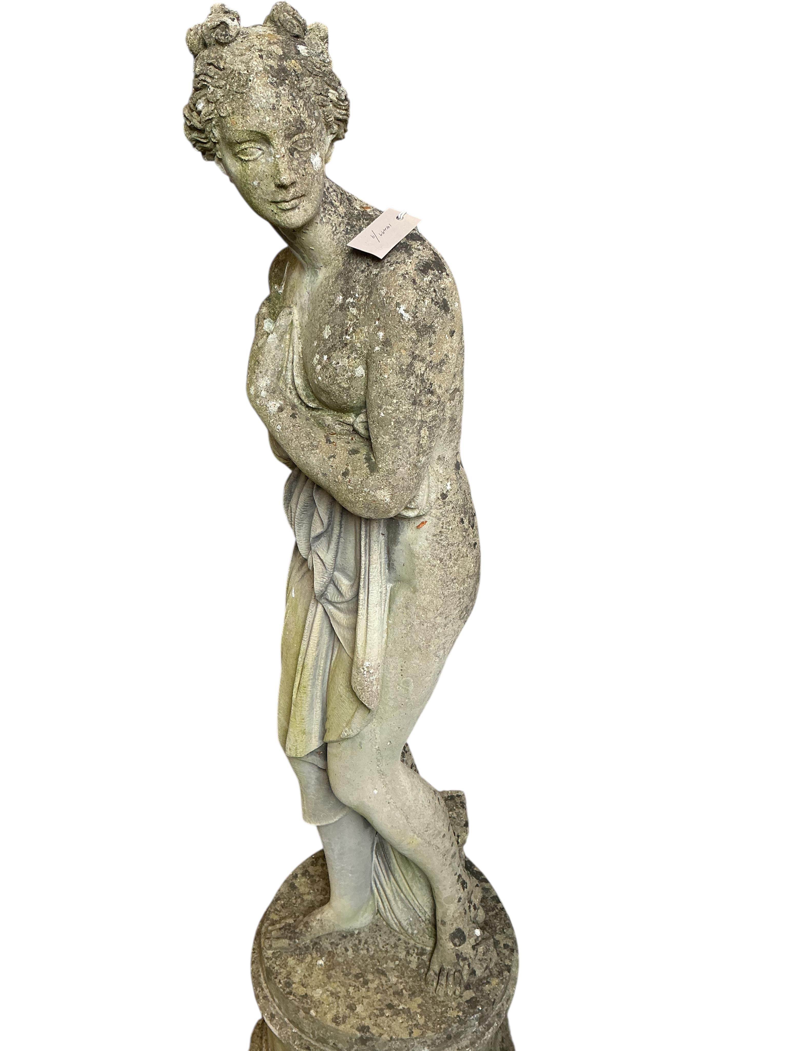 A garden figure of Pandora on plinth, height 150cm
